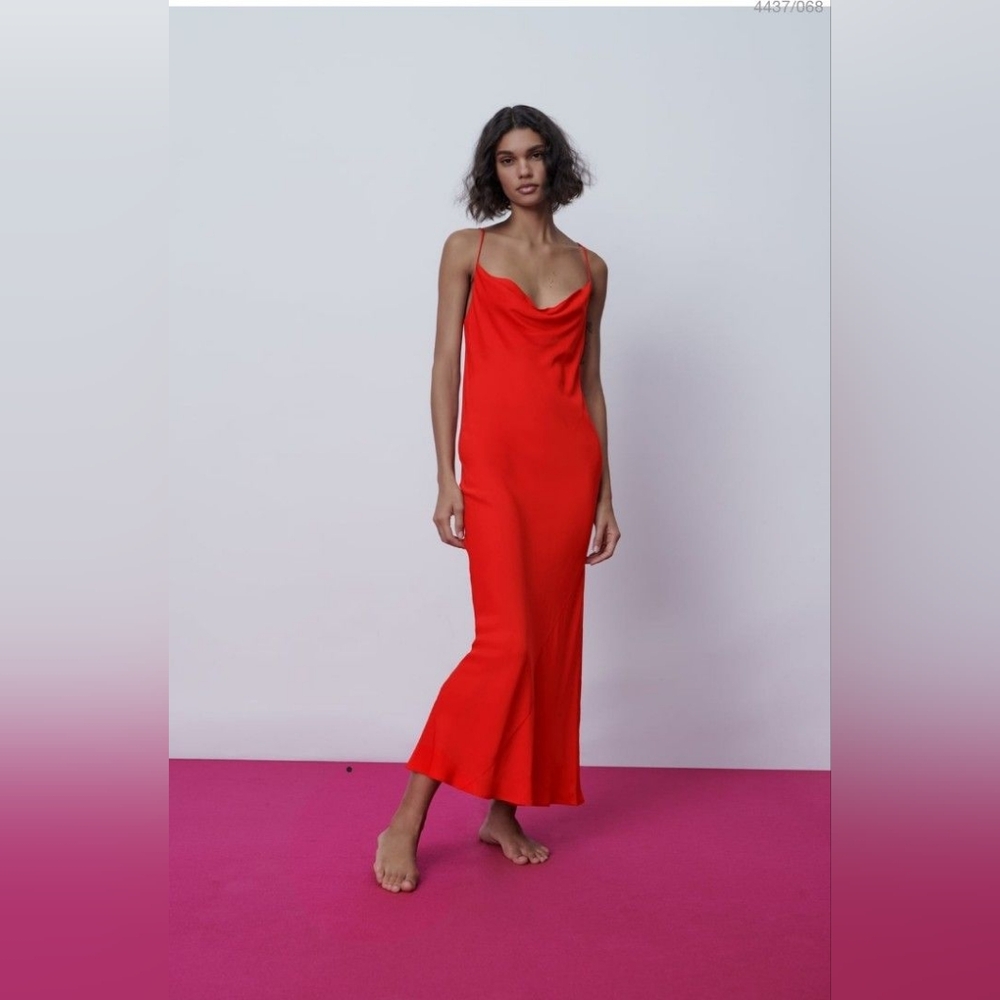 Zara long satin effect red slip dress XS